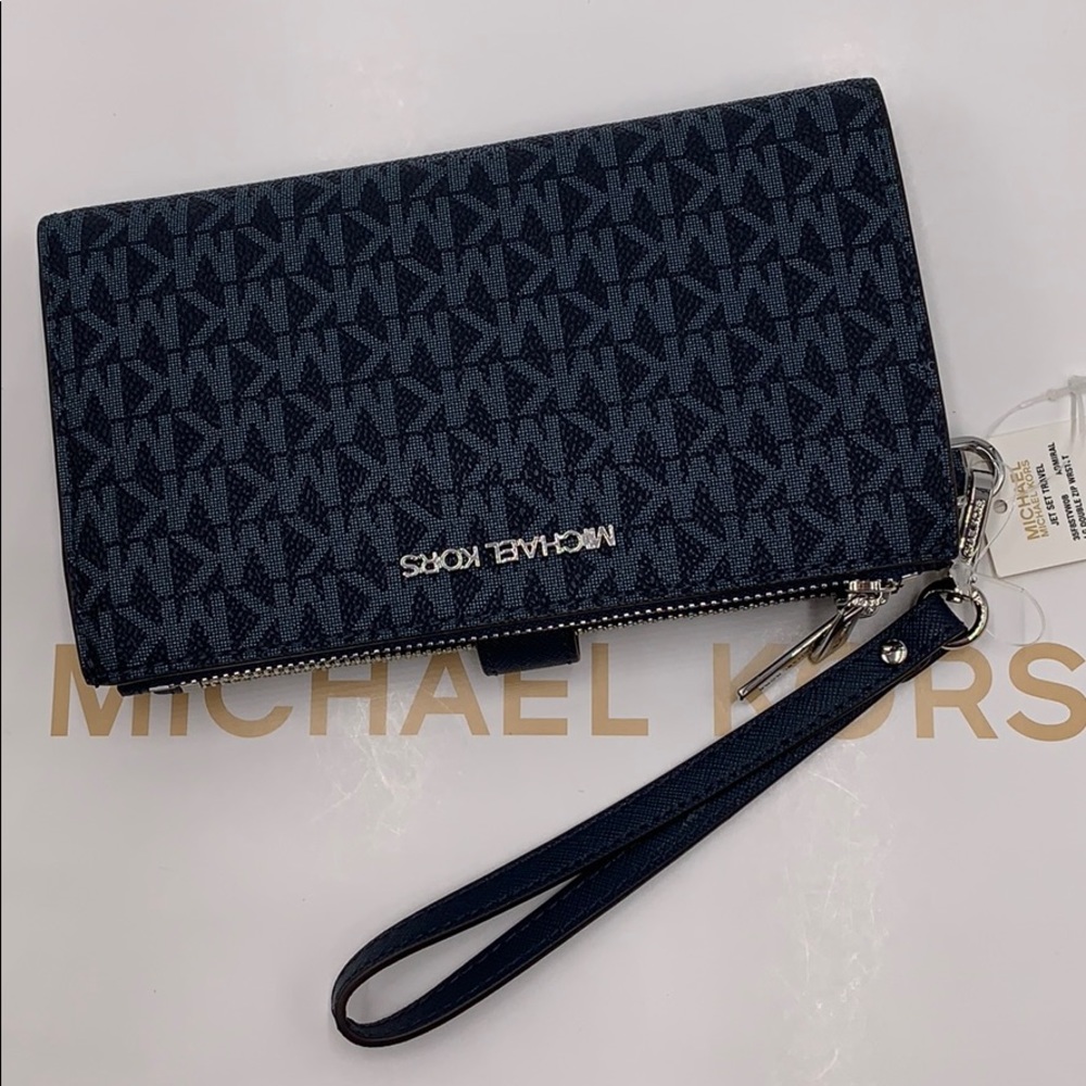 MICHAEL KORS JET SET TRAVEL LG DOUBLE ZIP WRISTLET PHONE HOLDER ADMIRAL NWT - Picture 11 of 16